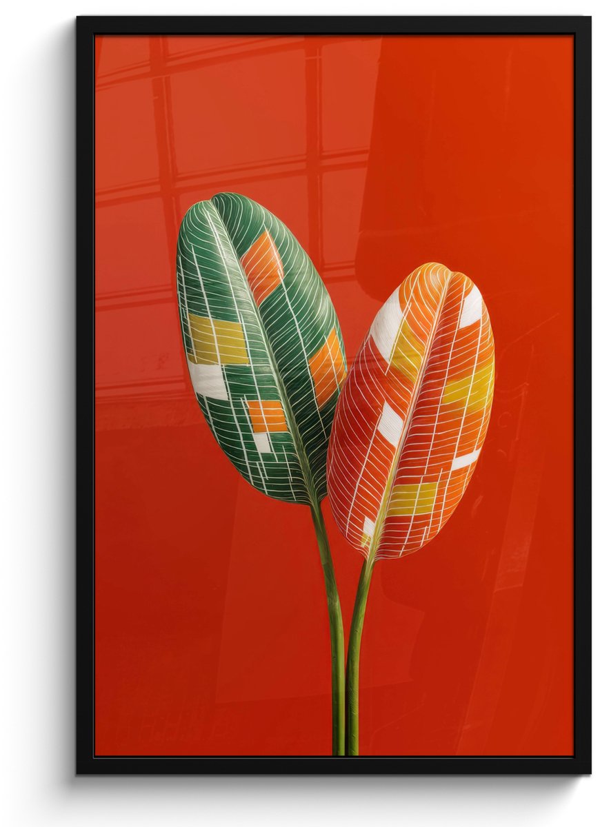 FrameYourWall Poster in lijst - Fotolijst 60x90 cm - Posters - Bladeren - Ovaal - Mozaïek - Patroon - Posterlijst zwart - Decoratie - Wanddecoratie woonkamer - Muurdecoratie slaapkamer