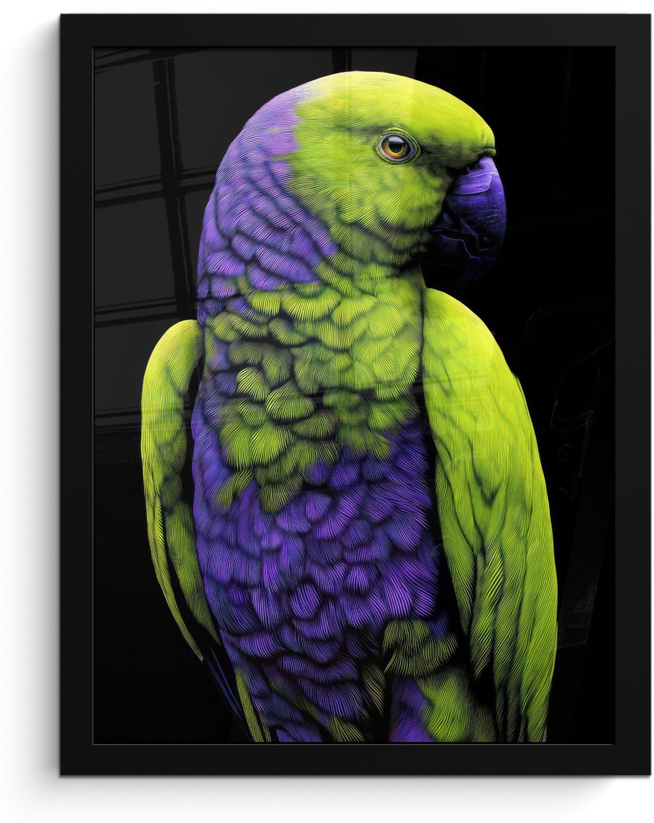 FrameYourWall Poster in lijst - Fotolijst 30x40 cm - Posters - Papegaai - Veren - Opvallend - Groen - Posterlijst zwart - Decoratie - Wanddecoratie woonkamer - Muurdecoratie slaapkamer
