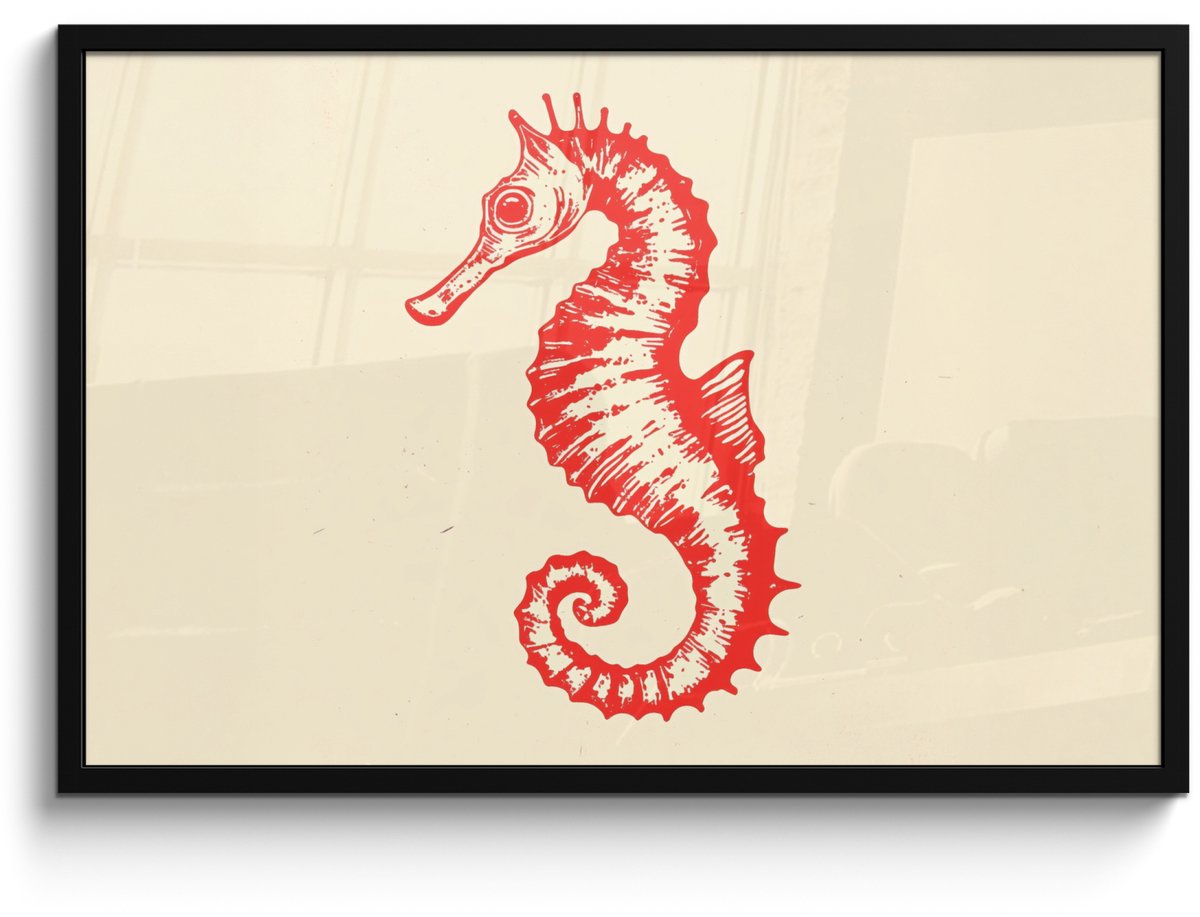 FrameYourWall Poster in lijst - Fotolijst 90x60 cm - Posters - Zeepaardje - Rood - Fijne details - Posterlijst zwart - Decoratie - Wanddecoratie woonkamer - Muurdecoratie slaapkamer