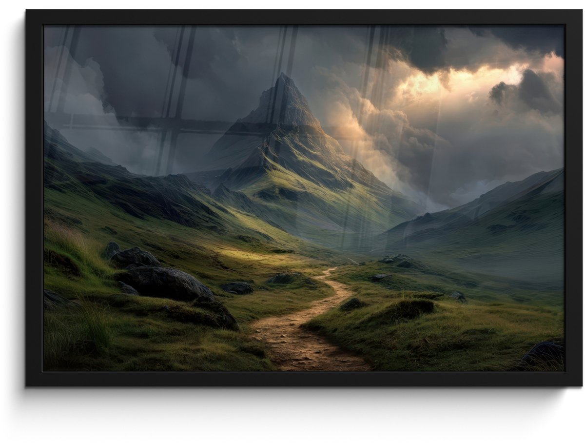 FrameYourWall Poster in lijst - Fotolijst 60x40 cm - Posters - Bergen - Kronkelpad - Groen - Wolken - Posterlijst zwart - Decoratie - Wanddecoratie woonkamer - Muurdecoratie slaapkamer Bergen - Pad - Wolken