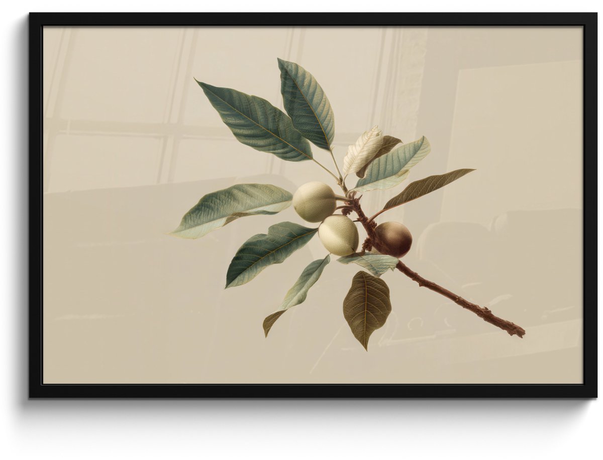 FrameYourWall Poster in lijst - Fotolijst 90x60 cm - Posters - Tak - Groene Bladeren - Vruchten - Posterlijst zwart - Decoratie - Wanddecoratie woonkamer - Muurdecoratie slaapkamer Tak - Bladeren - Vruchten