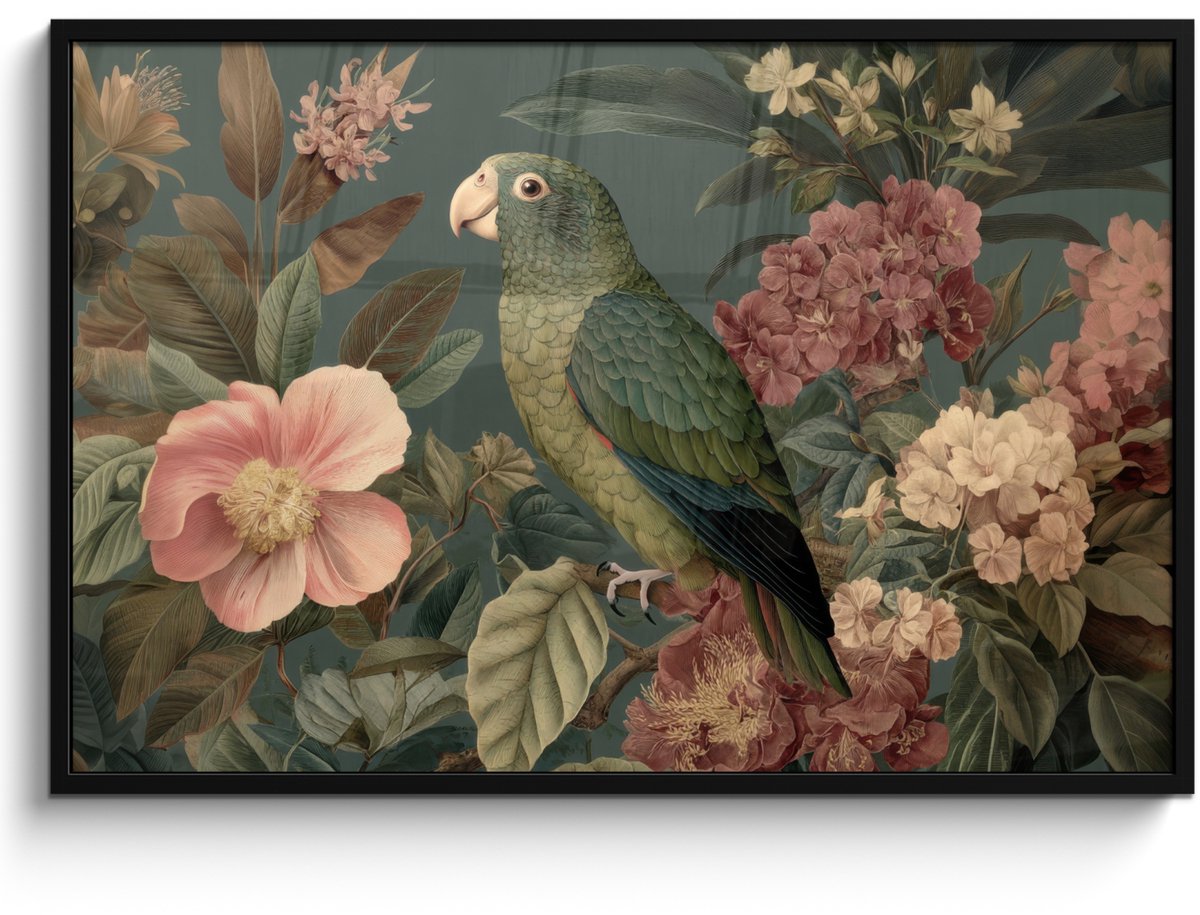 FrameYourWall Poster in lijst - Fotolijst 120x80 cm - Posters - Groene papegaai - Kleurrijke bloemen - Donkere achtergrond - Posterlijst zwart - Decoratie - Wanddecoratie woonkamer - Muurdecoratie slaapkamer Papegaai - Bloemen