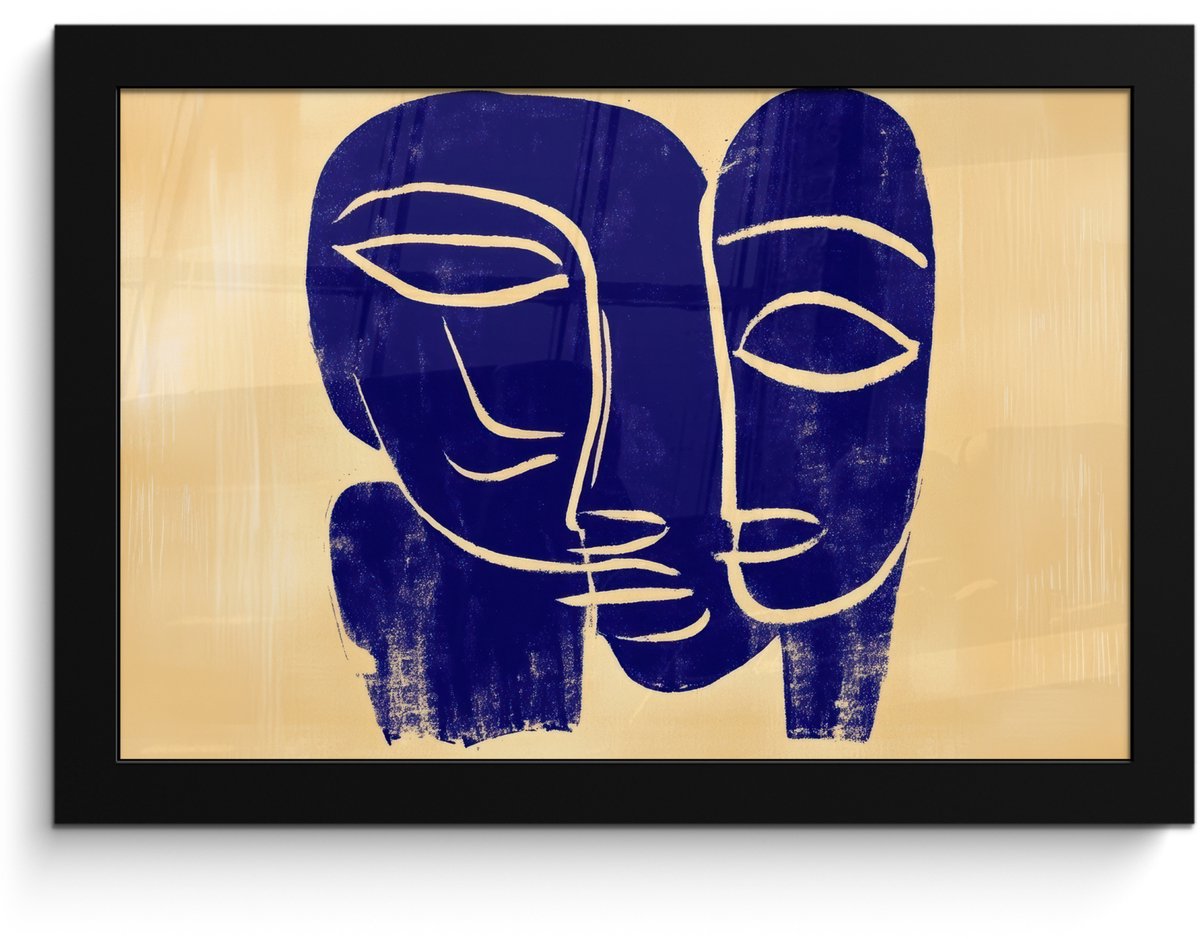 FrameYourWall Poster in lijst - Fotolijst 30x20 cm - Posters - Okergeel - Blauw - Eenvoudige lijnen - Posterlijst zwart - Decoratie - Wanddecoratie woonkamer - Muurdecoratie slaapkamer Lijnen - Gezichten