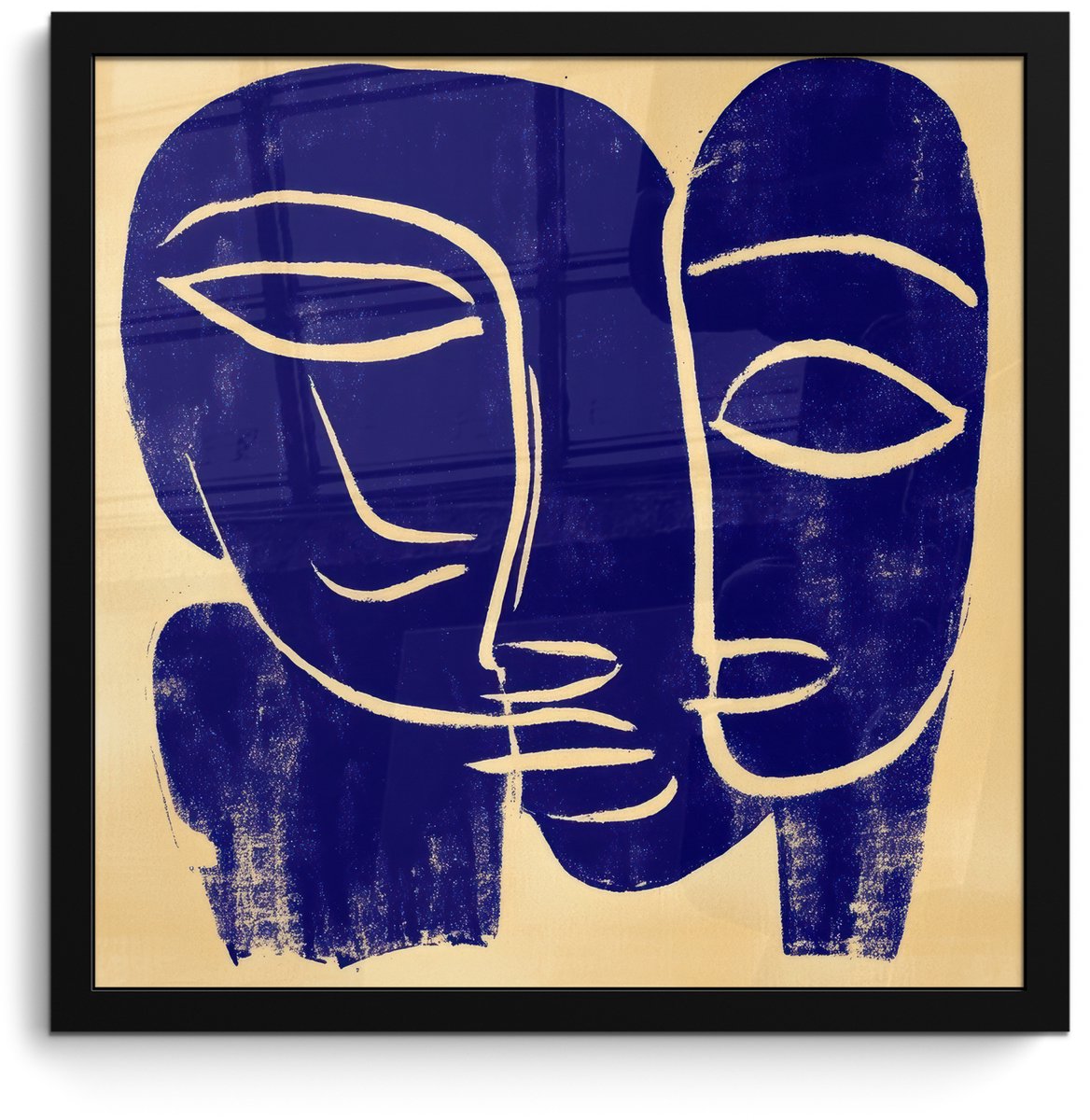 FrameYourWall Poster in lijst - Fotolijst 40x40 cm - Posters - Okergeel - Blauw - Eenvoudige lijnen - Posterlijst zwart - Decoratie - Wanddecoratie woonkamer - Muurdecoratie slaapkamer Lijnen - Gezichten