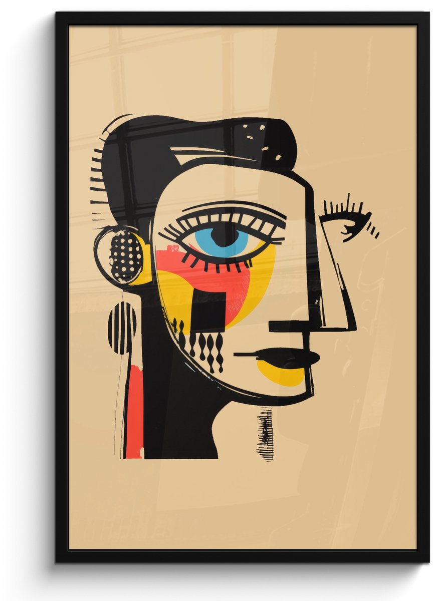 FrameYourWall Poster in lijst - Fotolijst 60x90 cm - Posters - Geometrisch - Felle kleuren - Kubistische stijl - Posterlijst zwart - Decoratie - Wanddecoratie woonkamer - Muurdecoratie slaapkamer Gezicht - Kunst
