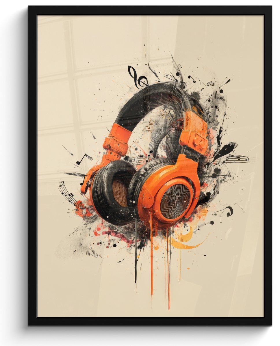 FrameYourWall Poster in lijst - Fotolijst 60x80 cm - Posters - Koptelefoon - Oranje - Explosief - Posterlijst zwart - Decoratie - Wanddecoratie woonkamer - Muurdecoratie slaapkamer Koptelefoon - Muzieknoten