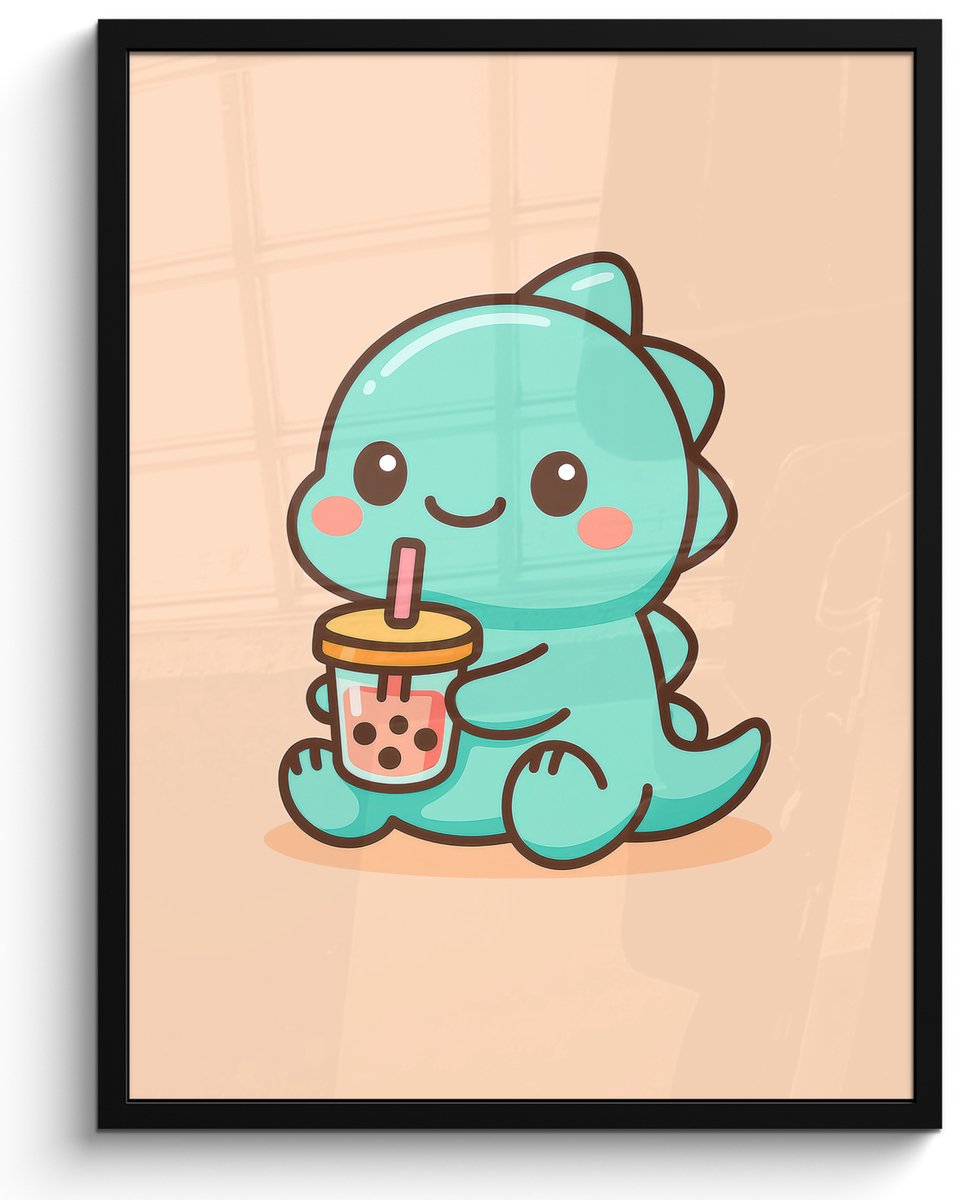 FrameYourWall Poster in lijst - Fotolijst 60x80 cm - Posters - Dino - Boba - kawaii - Oranje - Posterlijst zwart - Decoratie - Wanddecoratie woonkamer - Muurdecoratie slaapkamer
