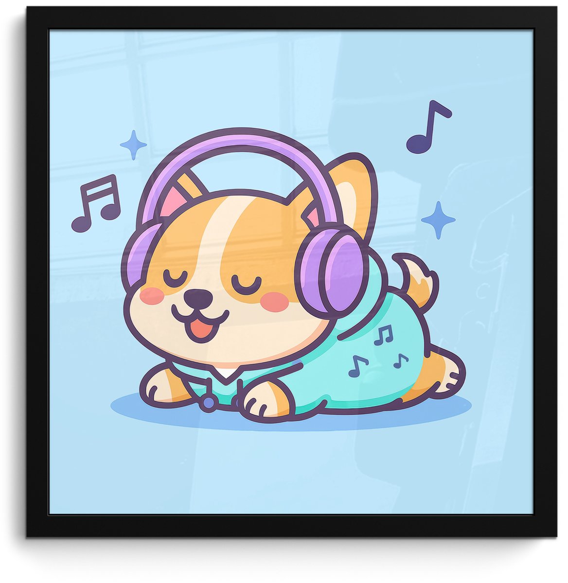 FrameYourWall Poster in lijst - Fotolijst 40x40 cm - Posters - Corgi - Koptelefoon - Blauw - Muzieknoten - Posterlijst zwart - Decoratie - Wanddecoratie woonkamer - Muurdecoratie slaapkamer Hond