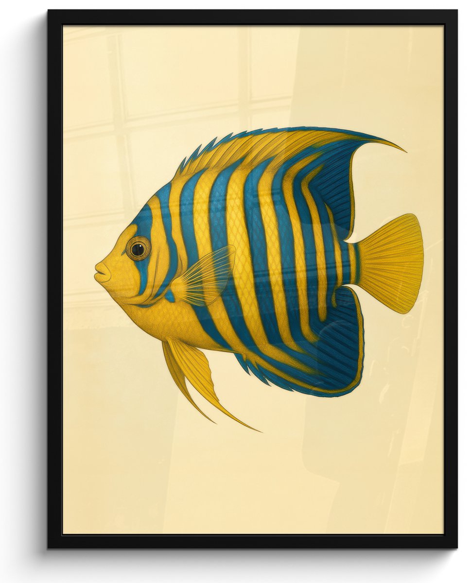 FrameYourWall Poster in lijst - Fotolijst 60x80 cm - Posters - Felgeel - Vis - Strepen - Vinnen - Posterlijst zwart - Decoratie - Wanddecoratie woonkamer - Muurdecoratie slaapkamer Vis - Vinnen - Strepen