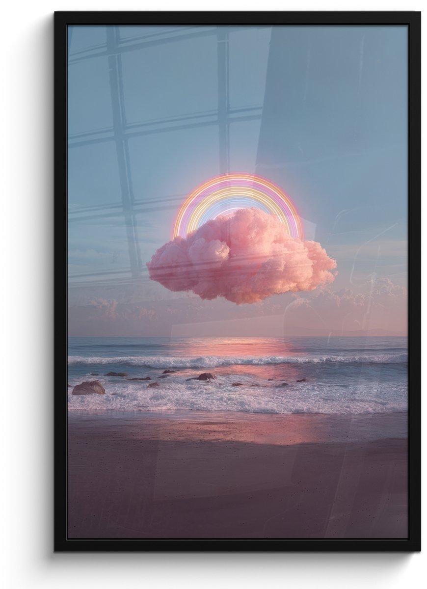 FrameYourWall Poster in lijst - Fotolijst 60x90 cm - Posters - Wolk - Regenboog - Zee - Posterlijst zwart - Decoratie - Wanddecoratie woonkamer - Muurdecoratie slaapkamer