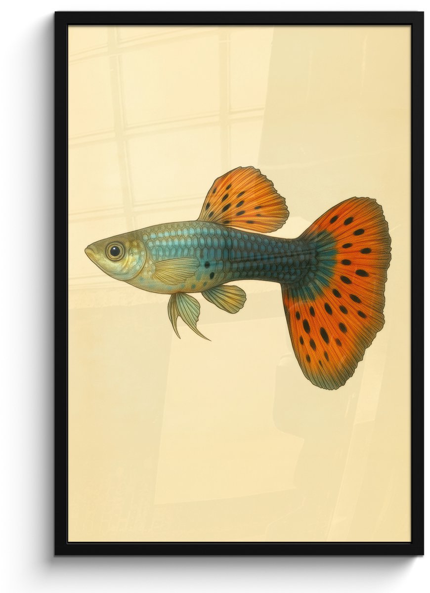 FrameYourWall Poster in lijst - Fotolijst 60x90 cm - Posters - Vis - illustratie - Stippen - Oranje - Posterlijst zwart - Decoratie - Wanddecoratie woonkamer - Muurdecoratie slaapkamer