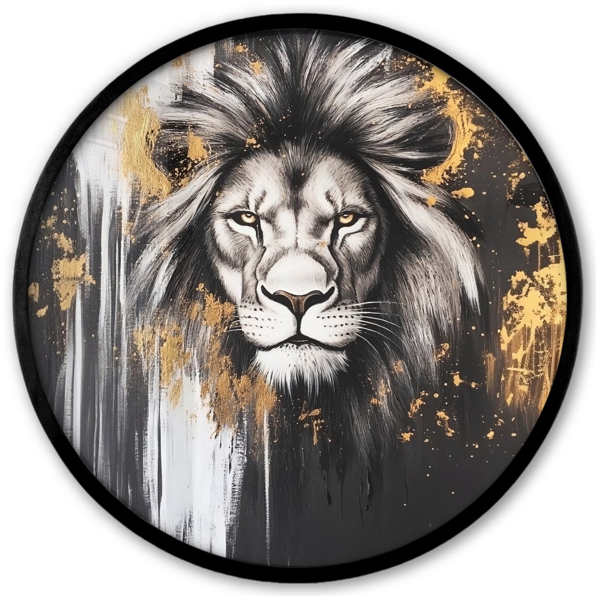 FrameYourWall Poster in lijst Rond - Fotolijst 40x40 cm - Posters - Leeuw - Portret - Verfspatten - Grijs - Ronde posterlijst zwart - Decoratie - Wanddecoratie woonkamer - Muurdecoratie slaapkamer Leeuw - Verfspatten