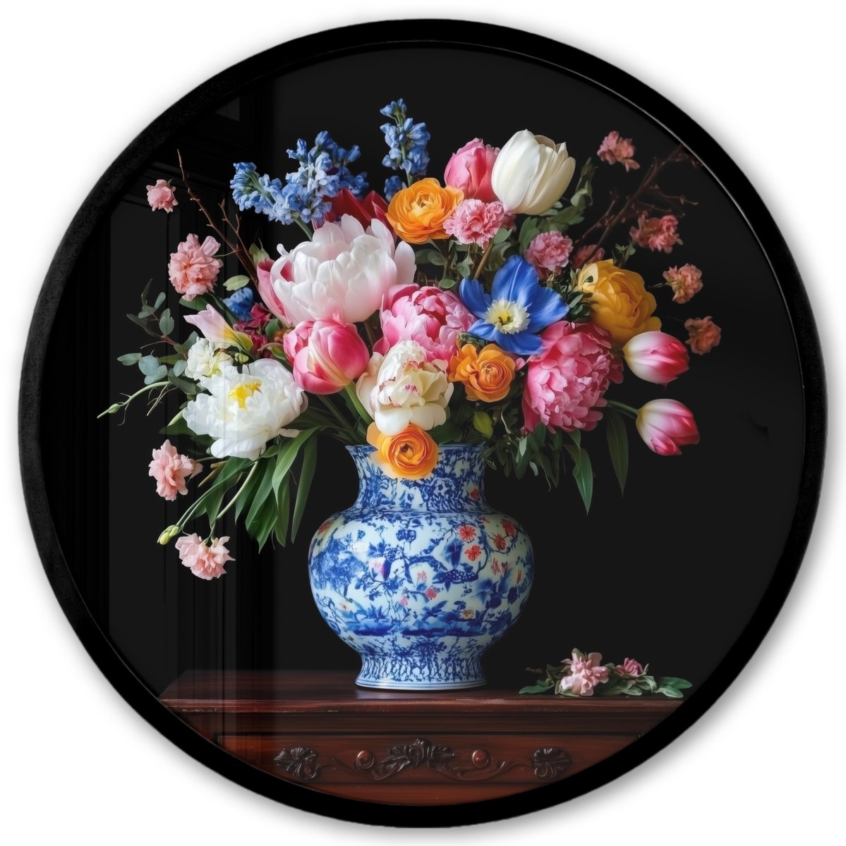 FrameYourWall Poster in lijst Rond - Fotolijst 40x40 cm - Posters - Rozen - Bloemen - Vaas - Boeket - Ronde posterlijst zwart - Decoratie - Wanddecoratie woonkamer - Muurdecoratie slaapkamer Bloemen - Rozen