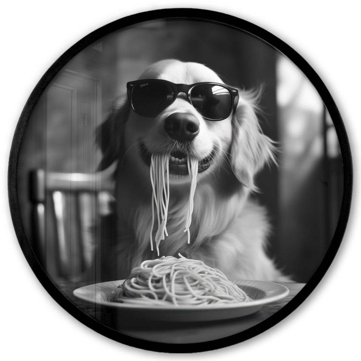 FrameYourWall Poster in lijst Rond - Fotolijst 40x40 cm - Posters - Golden Retriever - Hond - Vrolijk - Bord spaghetti - Zwart - wit - Ronde posterlijst zwart - Decoratie - Wanddecoratie woonkamer - Muurdecoratie slaapkamer