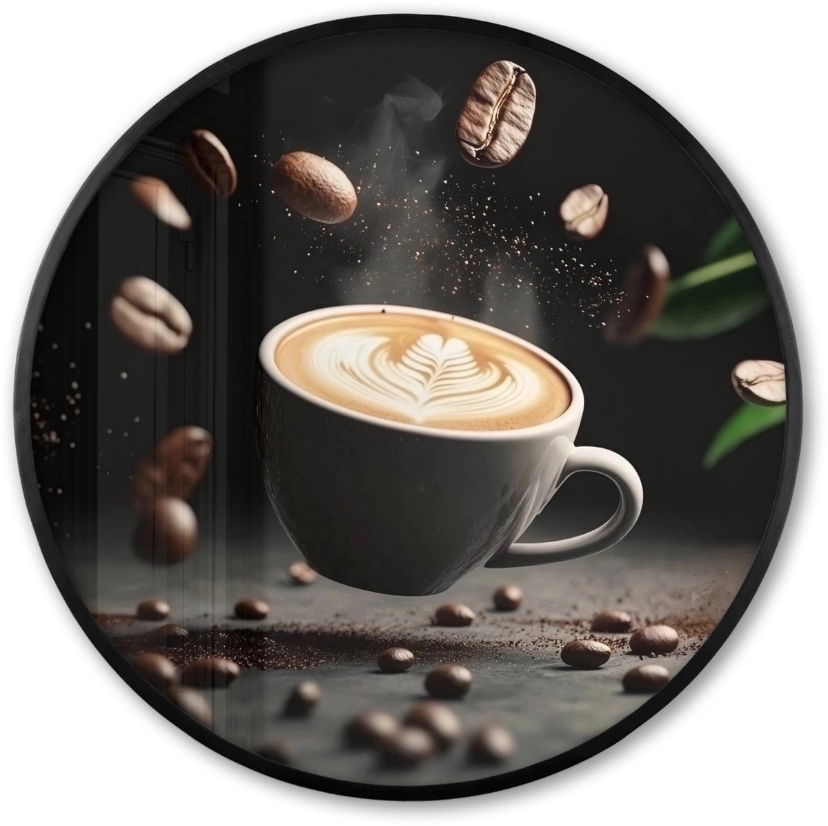 FrameYourWall Poster in lijst Rond - Fotolijst 80x80 cm - Posters - Cappuccino - Kop - Bonen - Bruin - Ronde posterlijst zwart - Decoratie - Wanddecoratie woonkamer - Muurdecoratie slaapkamer