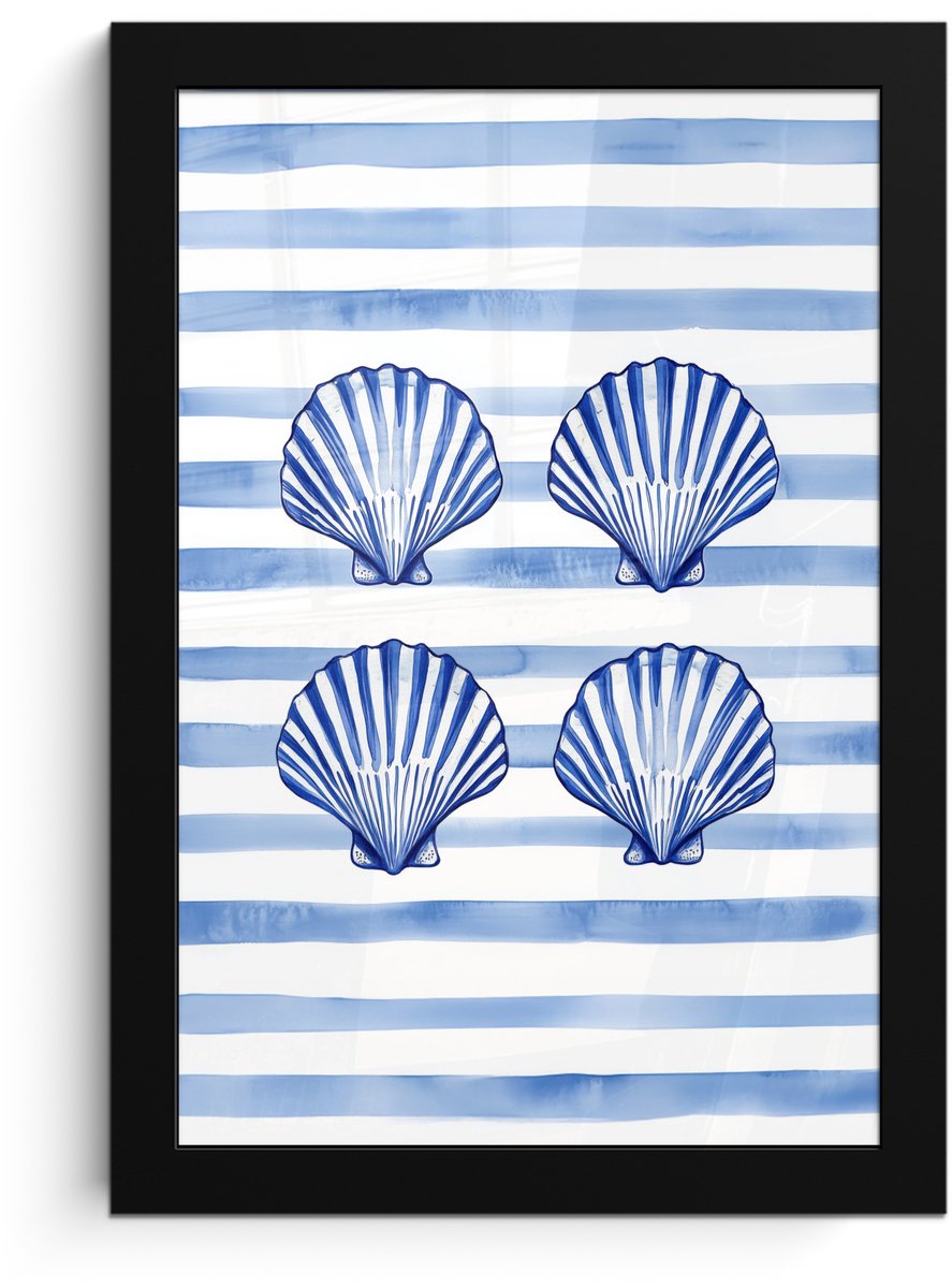 FrameYourWall Poster in lijst - Fotolijst 20x30 cm - Posters - Vier schelpen - Blauw - Wit - Strepen - Posterlijst zwart - Decoratie - Wanddecoratie woonkamer - Muurdecoratie slaapkamer Schelpen - Strepen