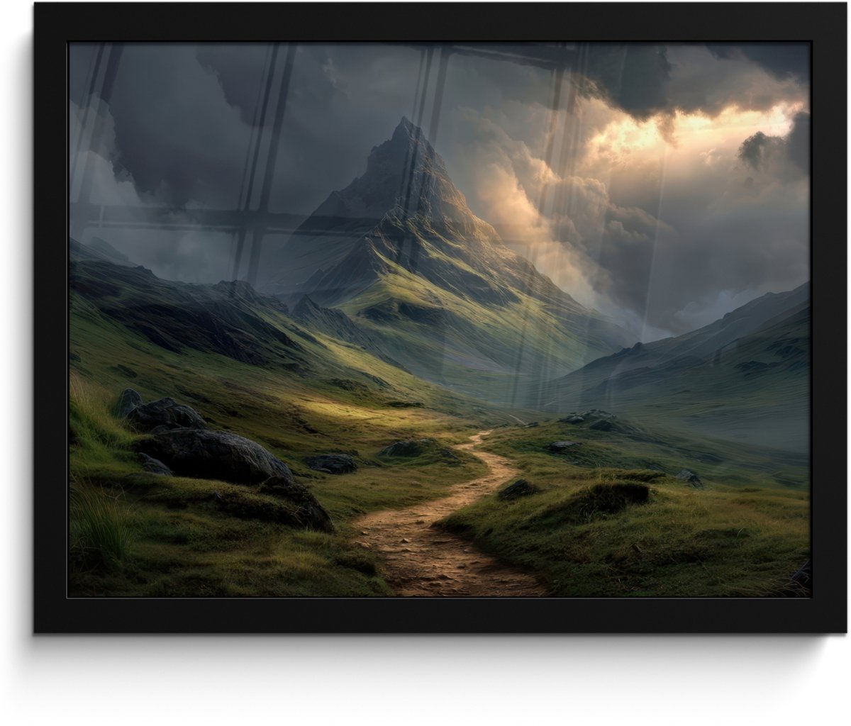 FrameYourWall Poster in lijst - Fotolijst 40x30 cm - Posters - Bergen - Kronkelpad - Groen - Wolken - Posterlijst zwart - Decoratie - Wanddecoratie woonkamer - Muurdecoratie slaapkamer Bergen - Pad - Wolken