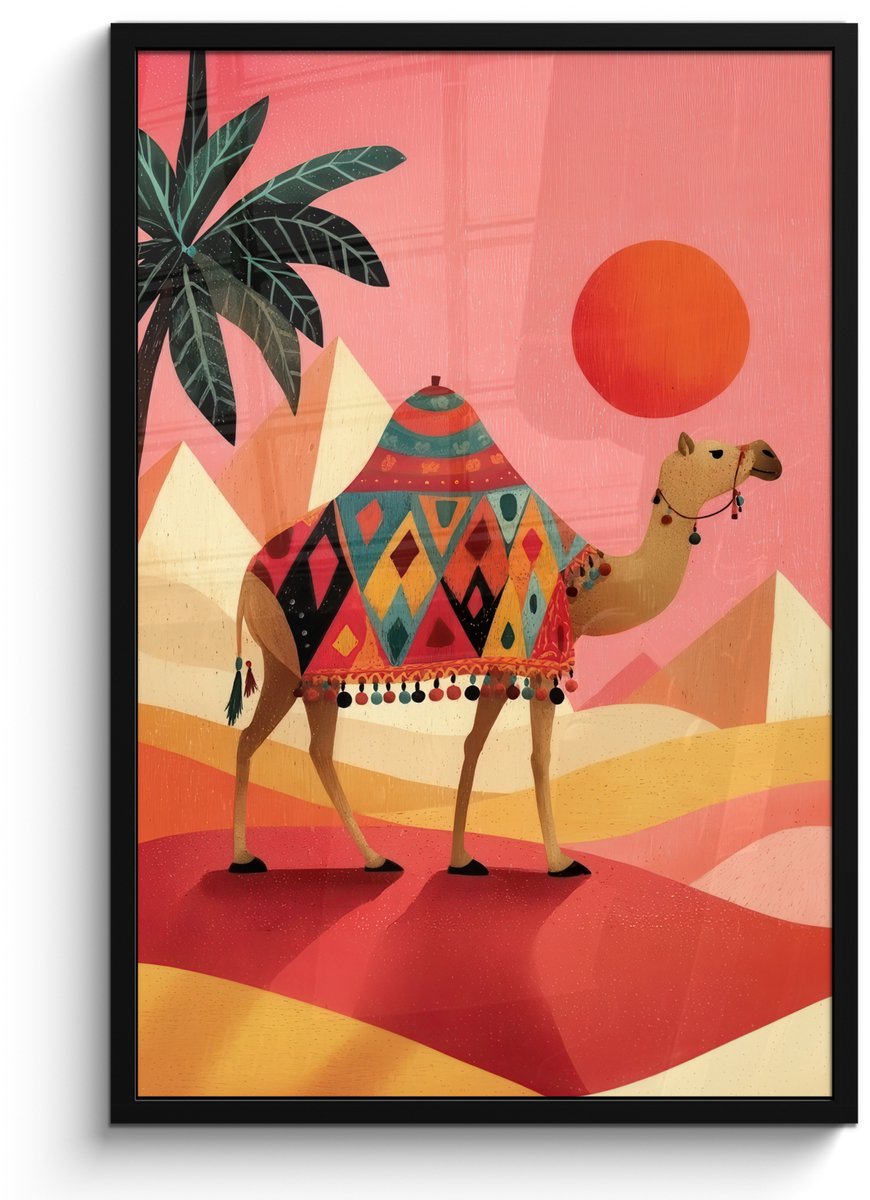 FrameYourWall Poster in lijst - Fotolijst 60x90 cm - Posters - Kameel - Pyramides - Rode zon - Posterlijst zwart - Decoratie - Wanddecoratie woonkamer - Muurdecoratie slaapkamer Kameel - Pyramides - Zon