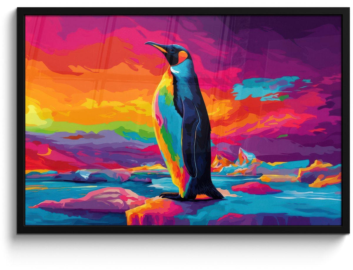 FrameYourWall Poster in lijst - Fotolijst 90x60 cm - Posters - Ijsschots - Pinguïn - Abstract - Lucht - Posterlijst zwart - Decoratie - Wanddecoratie woonkamer - Muurdecoratie slaapkamer Pinguïn - Kleurrijk