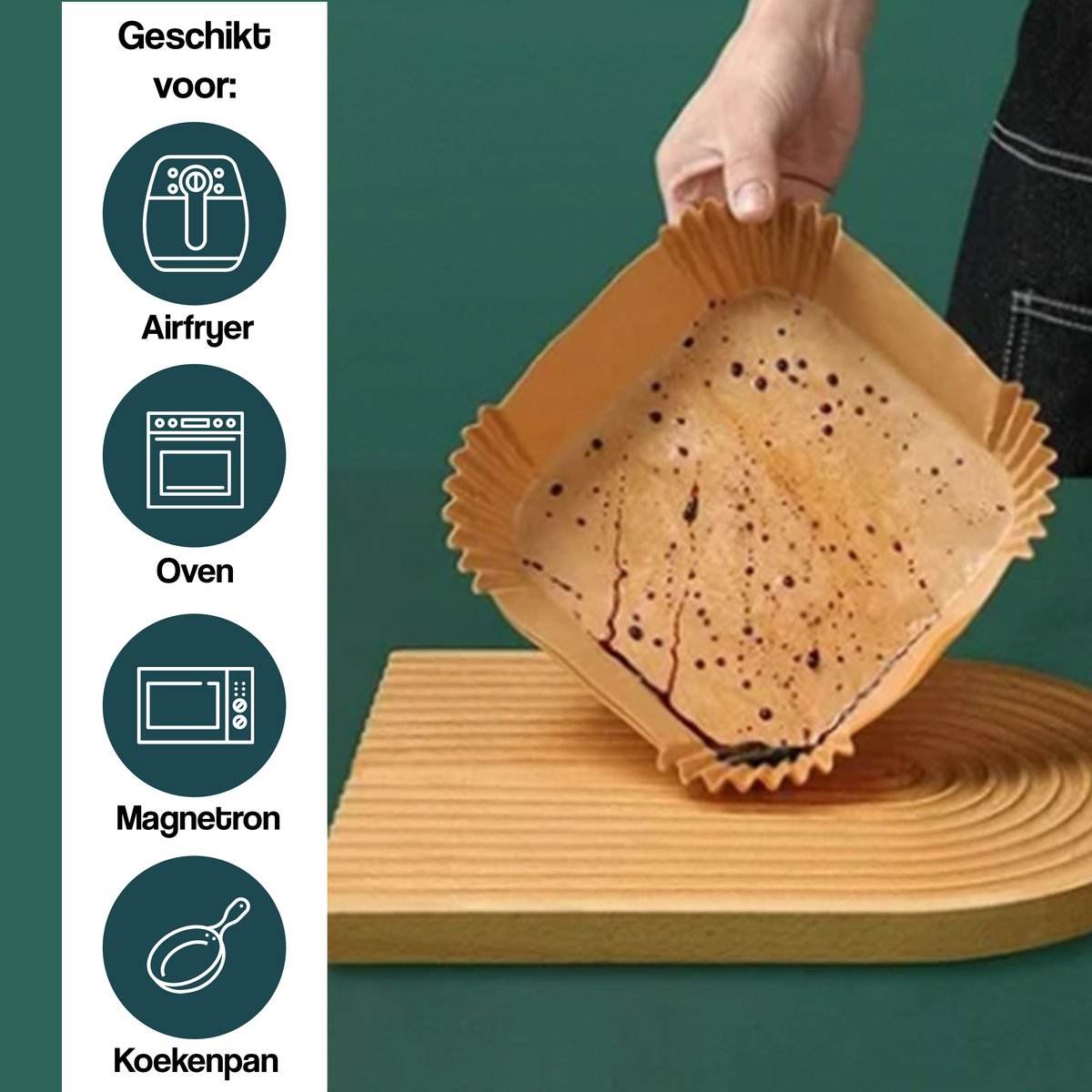 DIVERZA Airfryer bakpapier 50 stuks – 16 cm – Heteluchtfriteuse Wegwerpbakjes – Geschikt voor Airfryer – Wegwerppapier – Vierkant – Airfryer accessoires — afbeelding 3