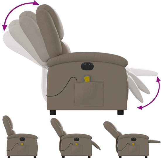 Cappuccinokleurige massagestoel met pictogrammen die de verstelbare posities en functies tonen.
