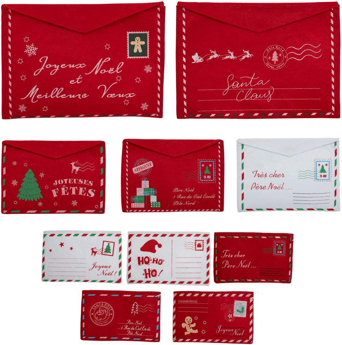Fééric Lights and Christmas Kerst Cadeauverpakking enveloppe in vilt - Set van 10 stuks - 25cm - Rood/Wit