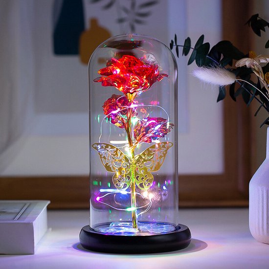 Glitter vlinder Forever Rose bloem LED-lamp in glazen koepel, cadeau-ideeën - rood