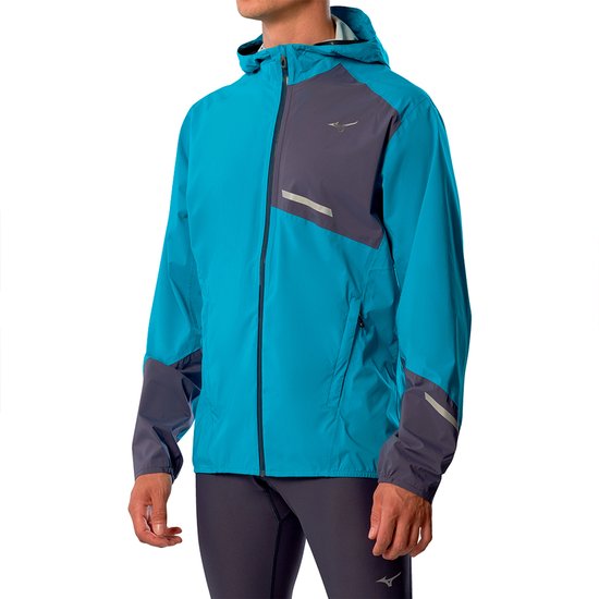 Blauwe Mizuno jas met capuchon, donkergrijs op de linkerborst, mouwen en zijkanten.