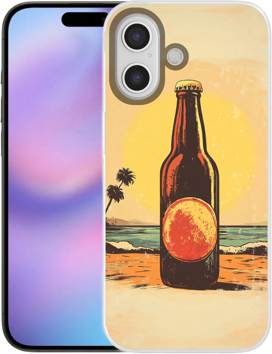 Telefoonhoesje Geschikt voor iPhone 17 hoesje - Bierfles - Zonsondergang - Palmbomen - Zee - Siliconen Telefoonhoesje Telefoonhoesje