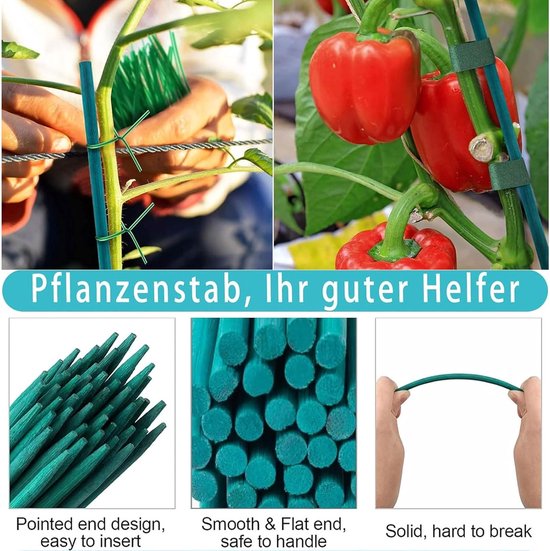 Groene plantensteunen met puntige uiteinden, tekst 'Pflanzenstab, Ihr guter Helfer' en instructies voor gebruik.