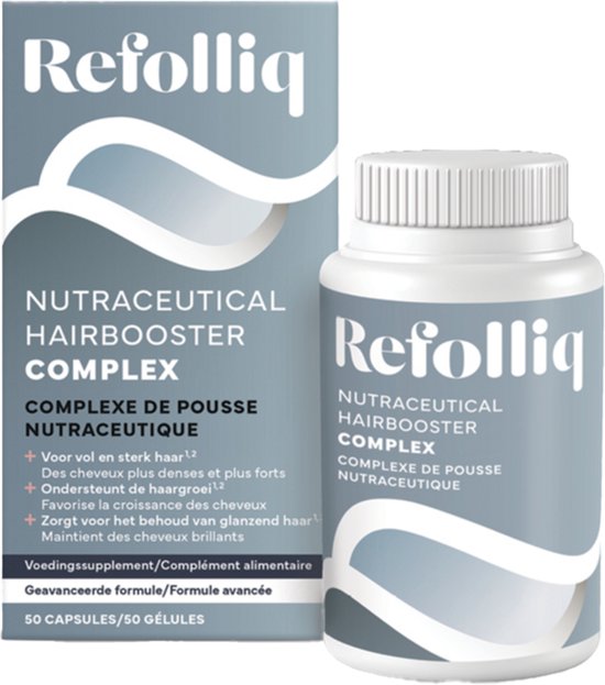 Refolliq Nutraceutical Hairbooster Complex doos en potje. Benadrukt vollere, sterkere haargroei en glans voor haar, huid en nagels.