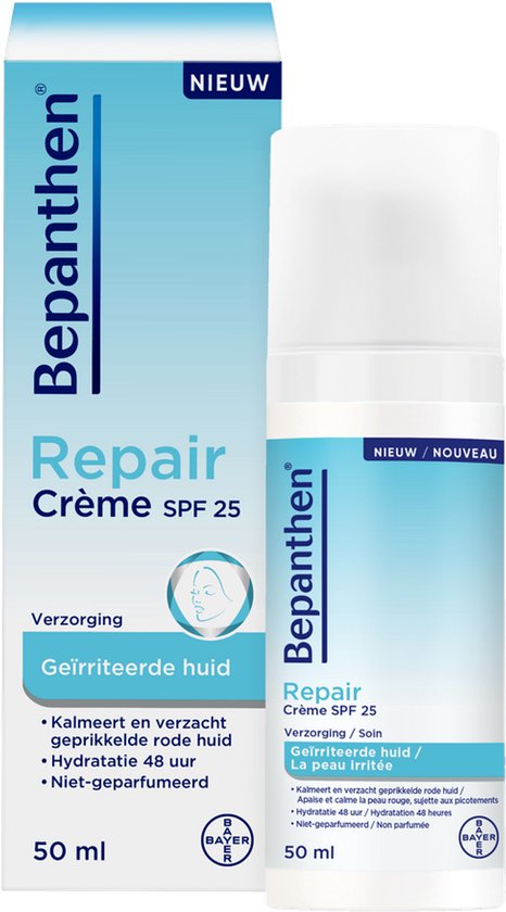 Bepanthen Repair Crème SPF 25 in doos en flesje. Blauwe en witte verpakking met productdetails.