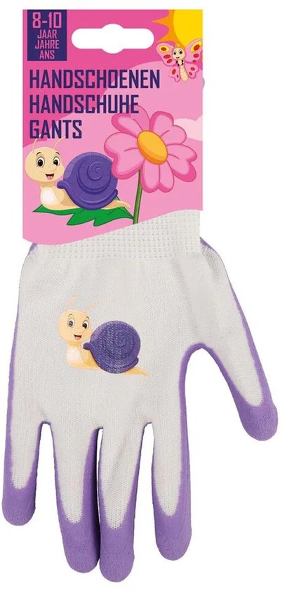 Witte kind werkhandschoenen met paarse vingertoppen en een leuke slak print. Voor 8-10 jaar.
