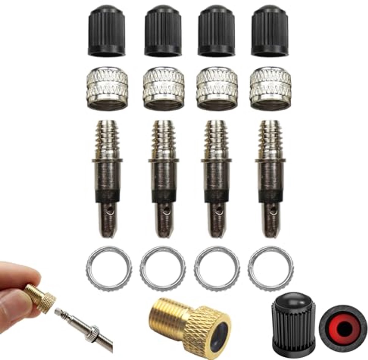Fietsventiel Reparatieset - 20-delig met Reserveventielen, Afdichtingen en Presta/Schrader Adapter