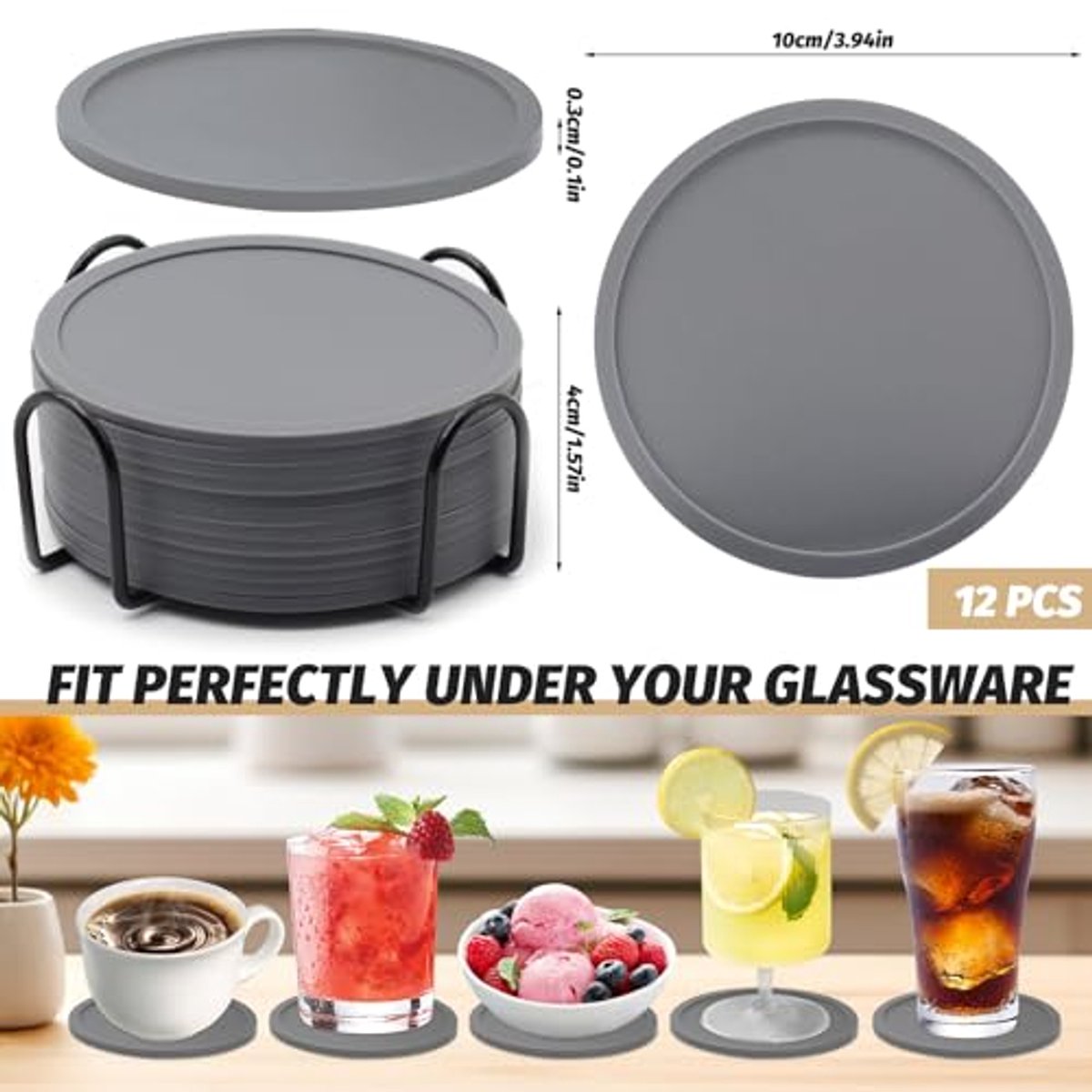 Set van 12 silicone onderzetters - Antislip, geïsoleerd en met houder voor tafel