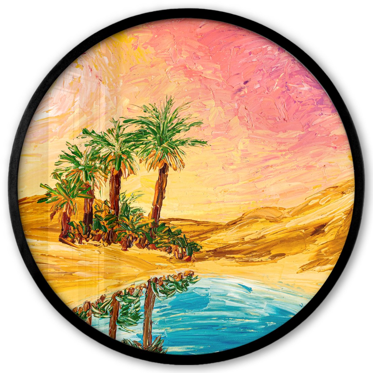 FrameYourWall Poster in lijst Rond - Fotolijst 40x40 cm - Posters - Schilderij - Olieverf - Palmboom - Natuur - Water - Ronde posterlijst zwart - Decoratie - Wanddecoratie woonkamer - Muurdecoratie slaapkamer Multicolor