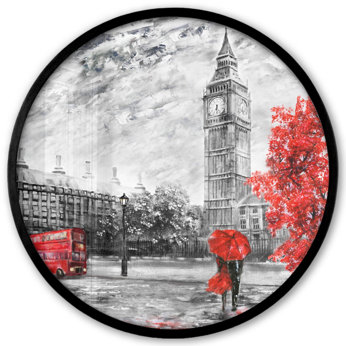 FrameYourWall Poster in lijst Rond - Fotolijst 40x40 cm - Posters - Schilderij - Big Ben - Rood - Paraplu - Ronde posterlijst zwart - Decoratie - Wanddecoratie woonkamer - Muurdecoratie slaapkamer Londen - Rood
