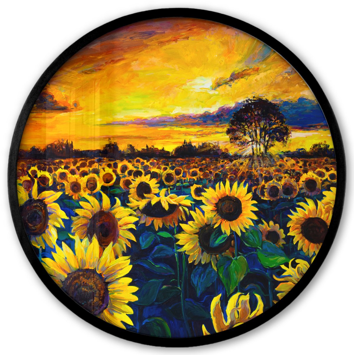 FrameYourWall Poster in lijst Rond - Fotolijst 40x40 cm - Posters - Schilderij - Olieverf - Bloemen - Zonnebloem - Ronde posterlijst zwart - Decoratie - Wanddecoratie woonkamer - Muurdecoratie slaapkamer Zonnebloemen - Verf