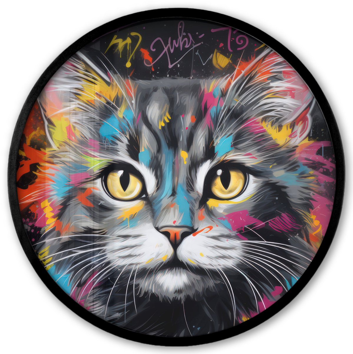FrameYourWall Poster in lijst Rond - Fotolijst 40x40 cm - Posters - Kat - Graffiti - Dieren - Kleuren - Grijs - Ronde posterlijst zwart - Decoratie - Wanddecoratie woonkamer - Muurdecoratie slaapkamer Multi
