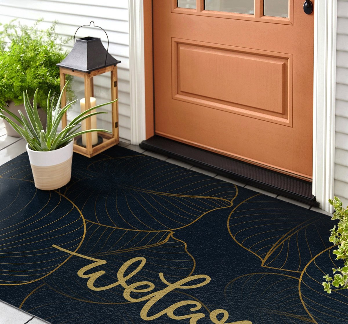 Coloray Buiten Deurmat - Marine Weerbestendige Deurmat - Bladpatroon 'Welcome' Stevige Entreemat - Design Element Voor De Hal - Vuilvangmat Voor Nat Weer - Weerbestendige Deurmat Met Print - 150x100 cm Marine - Bladpatroon 'Welcome'