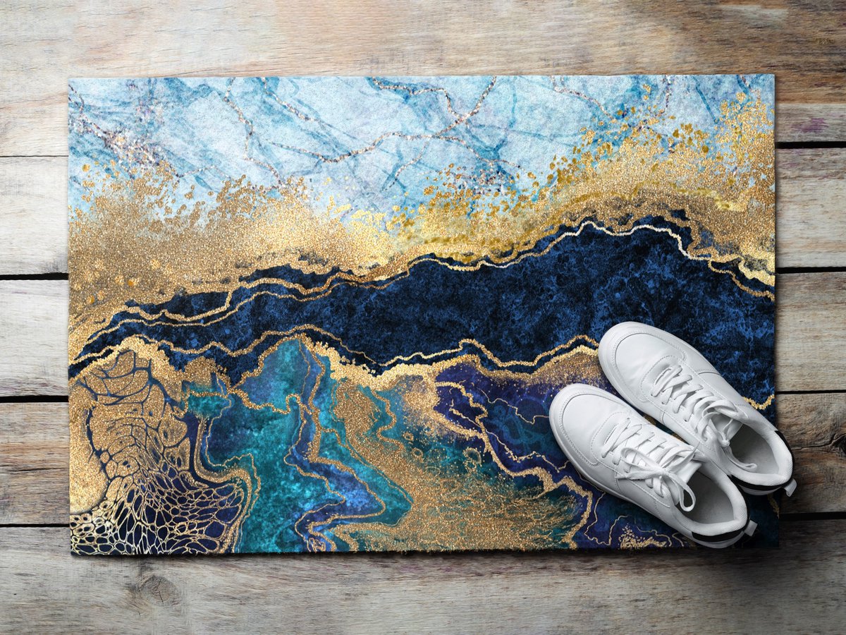 Coloray Buiten Deurmat - Blauw Buitendeurmat Design - Blauwe Marmer Onderhoudsvriendelijke Deurmat - Design Element Voor De Hal - Buitenmat Voor Alle Seizoenen - Weerbestendige Deurmat Met Print - 60x40 cm Blauw - Blauwe Marmer