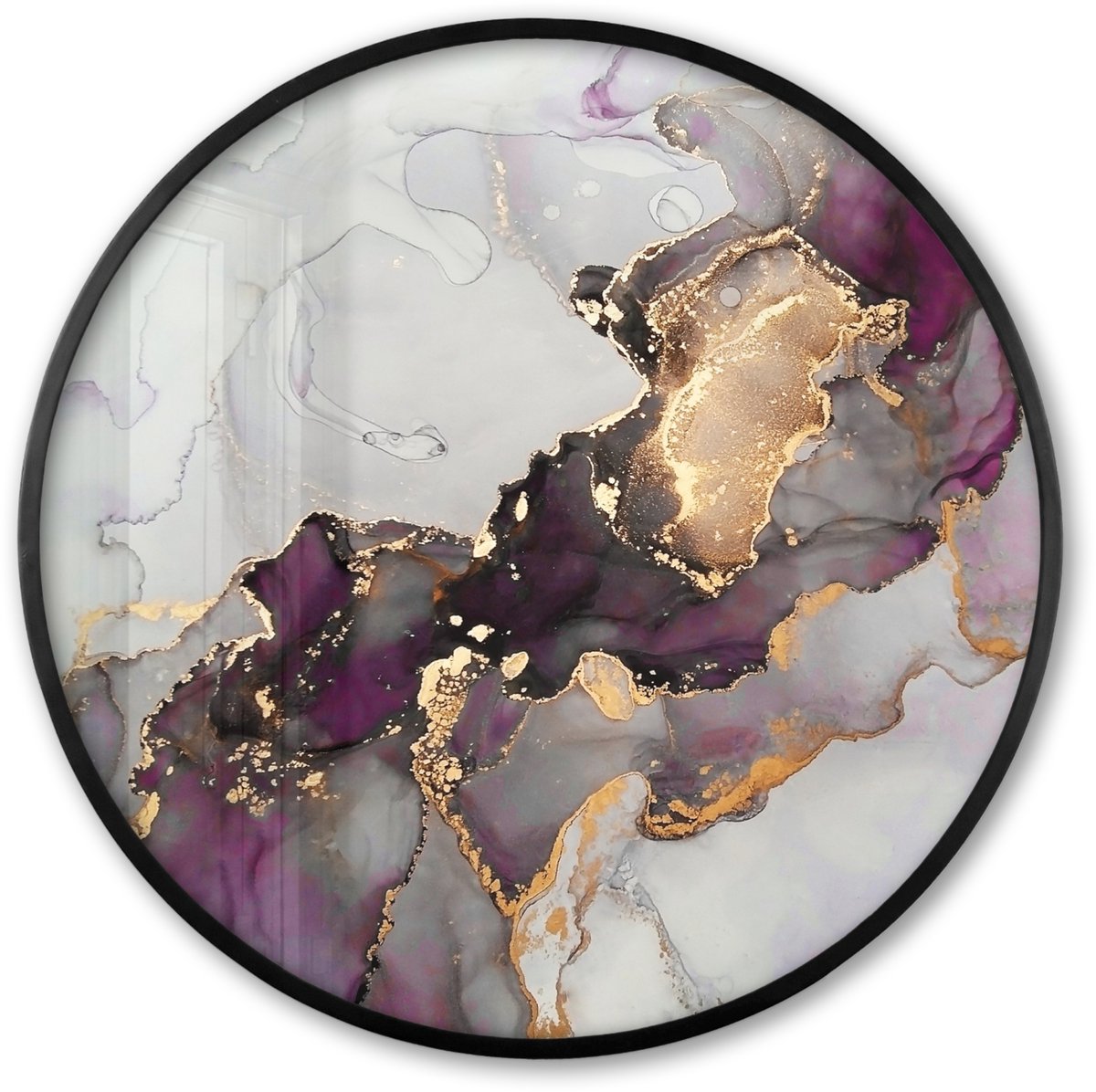 FrameYourWall Poster in lijst Rond - Fotolijst 60x60 cm - Posters - Marmer - Abstract - Goud - Paars - Ronde posterlijst zwart - Decoratie - Wanddecoratie woonkamer - Muurdecoratie slaapkamer