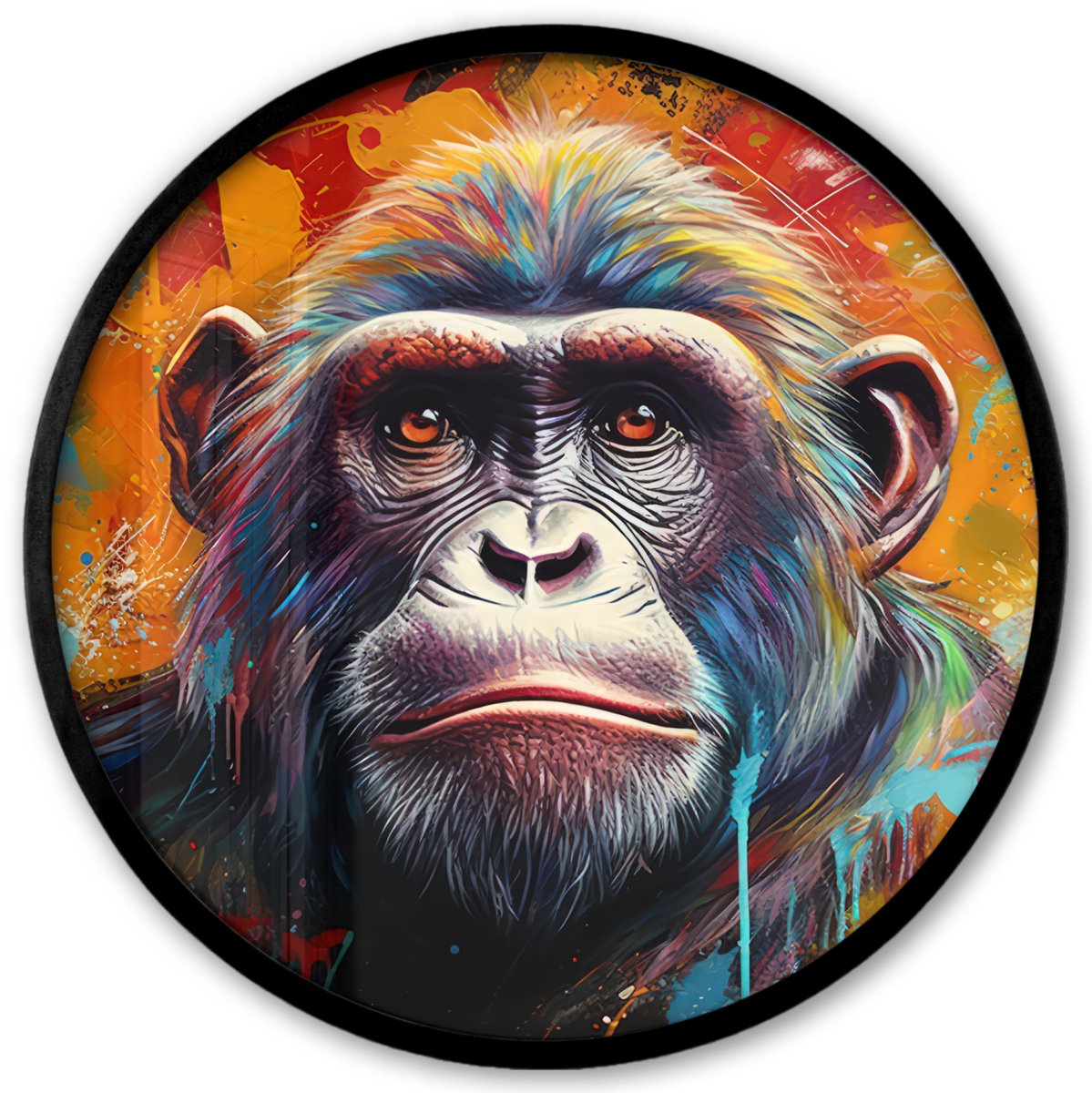 FrameYourWall Poster in lijst Rond - Fotolijst 40x40 cm - Posters - Aap - Gorilla - Graffiti - Dieren - Kleuren - Ronde posterlijst zwart - Decoratie - Wanddecoratie woonkamer - Muurdecoratie slaapkamer Multicolor