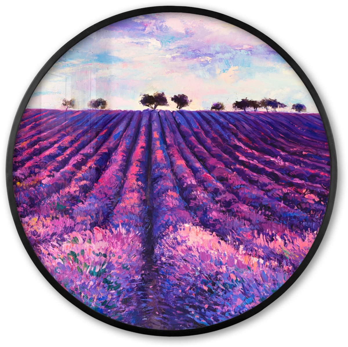 FrameYourWall Poster in lijst Rond - Fotolijst 60x60 cm - Posters - Olieverf - Schilderij - Bloemen - Ronde posterlijst zwart - Decoratie - Wanddecoratie woonkamer - Muurdecoratie slaapkamer Lavendel - Verf