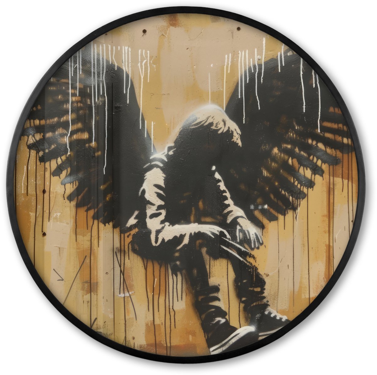 FrameYourWall Poster in lijst Rond - Fotolijst 60x60 cm - Posters - Graffiti - Kunst - Vleugels - Street art - Banksy Style - Ronde posterlijst zwart - Decoratie - Wanddecoratie woonkamer - Muurdecoratie slaapkamer Jongen - Vleugels