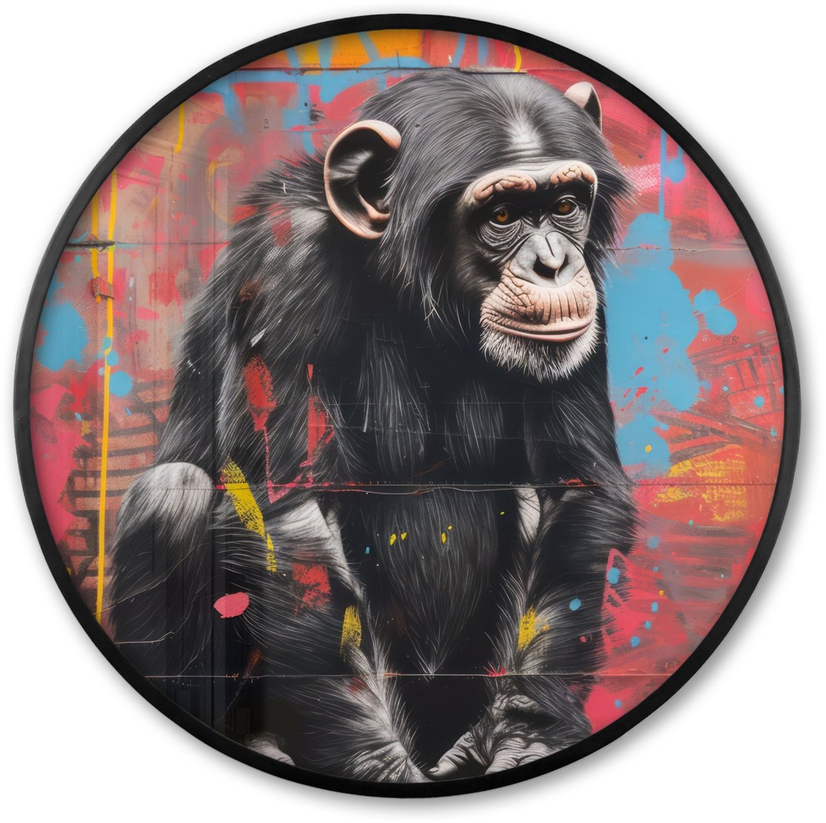 FrameYourWall Poster in lijst Rond - Fotolijst 60x60 cm - Posters - Graffiti - Chimpansee - Aap - Dieren - Street art - Ronde posterlijst zwart - Decoratie - Wanddecoratie woonkamer - Muurdecoratie slaapkamer