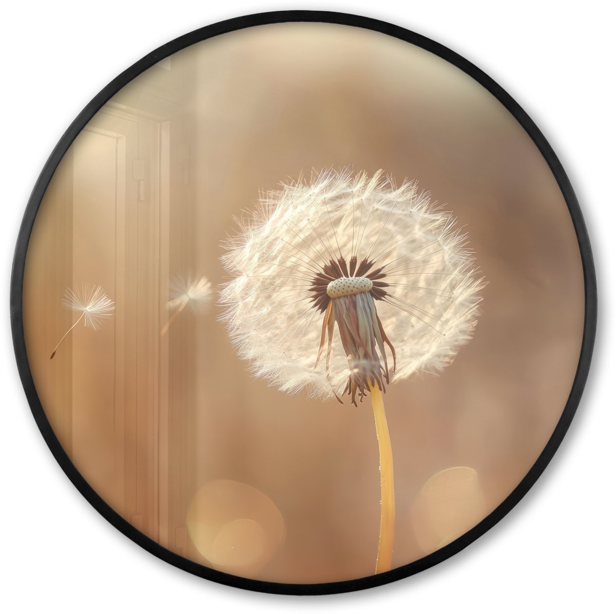 FrameYourWall Poster in lijst Rond - Fotolijst 60x60 cm - Posters - Paardenbloem - Beige - Natuur - Bloem - Ronde posterlijst zwart - Decoratie - Wanddecoratie woonkamer - Muurdecoratie slaapkamer