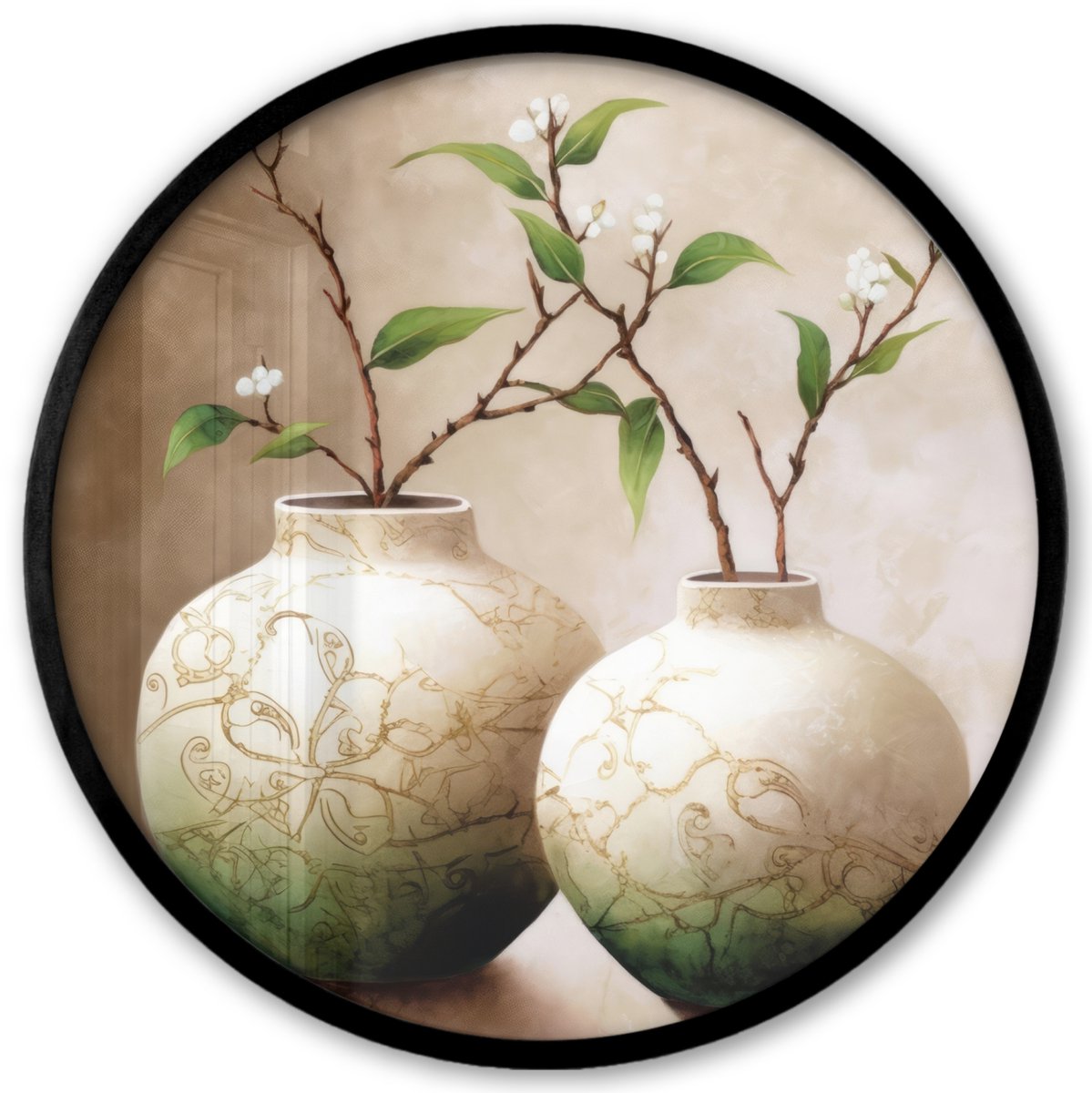FrameYourWall Poster in lijst Rond - Fotolijst 40x40 cm - Posters - Bloemen - Vaas - Wit - Botanisch - Beige - Ronde posterlijst zwart - Decoratie - Wanddecoratie woonkamer - Muurdecoratie slaapkamer