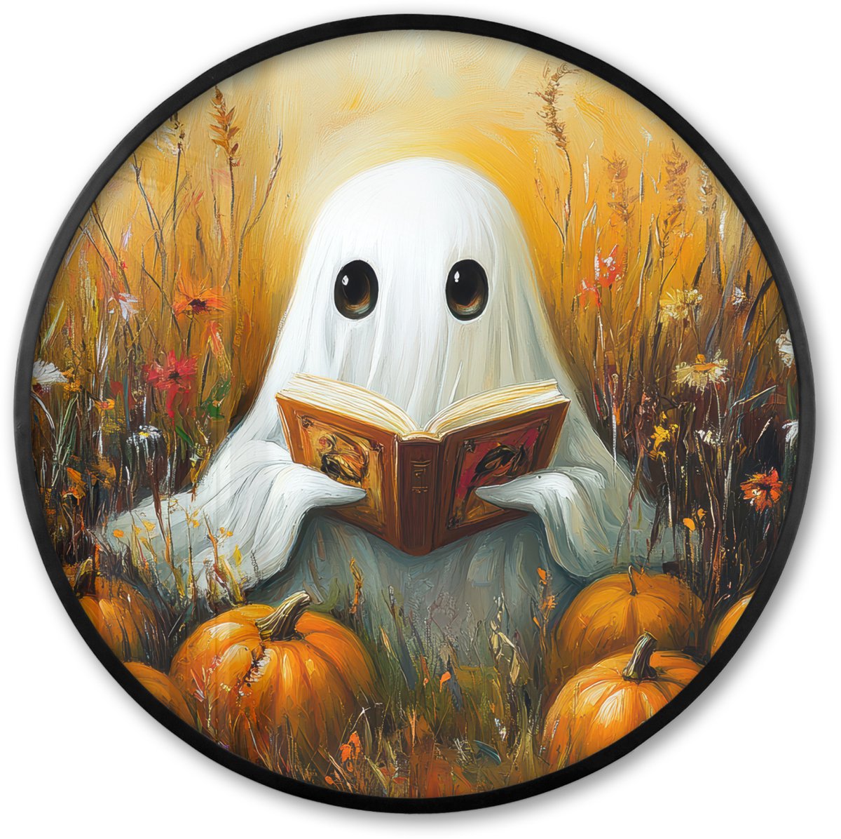 FrameYourWall Poster in lijst Rond - Fotolijst 80x80 cm - Posters - Halloween - Spook - Herfst - Pompoen - Bloemen - Natuur - Ronde posterlijst zwart - Decoratie - Wanddecoratie woonkamer - Muurdecoratie slaapkamer Oranje