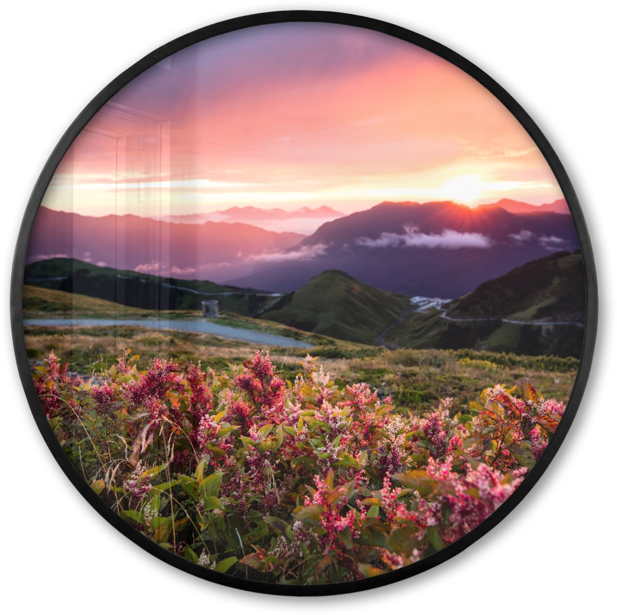 FrameYourWall Poster in lijst Rond - Fotolijst 80x80 cm - Posters - Bloemen - Bergen - Landschap - Nacht - Lucht - Roze - Ronde posterlijst zwart - Decoratie - Wanddecoratie woonkamer - Muurdecoratie slaapkamer Bloemen - Avond